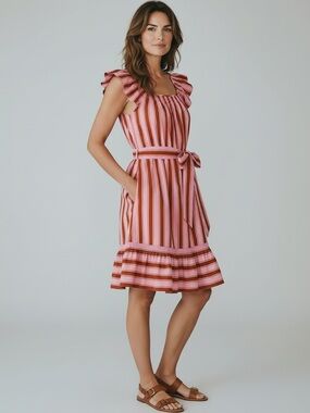 Kate Spade Dress Small Pink Brown Stripe Ruffle Sleeve Tie Waist Pockets Cotton